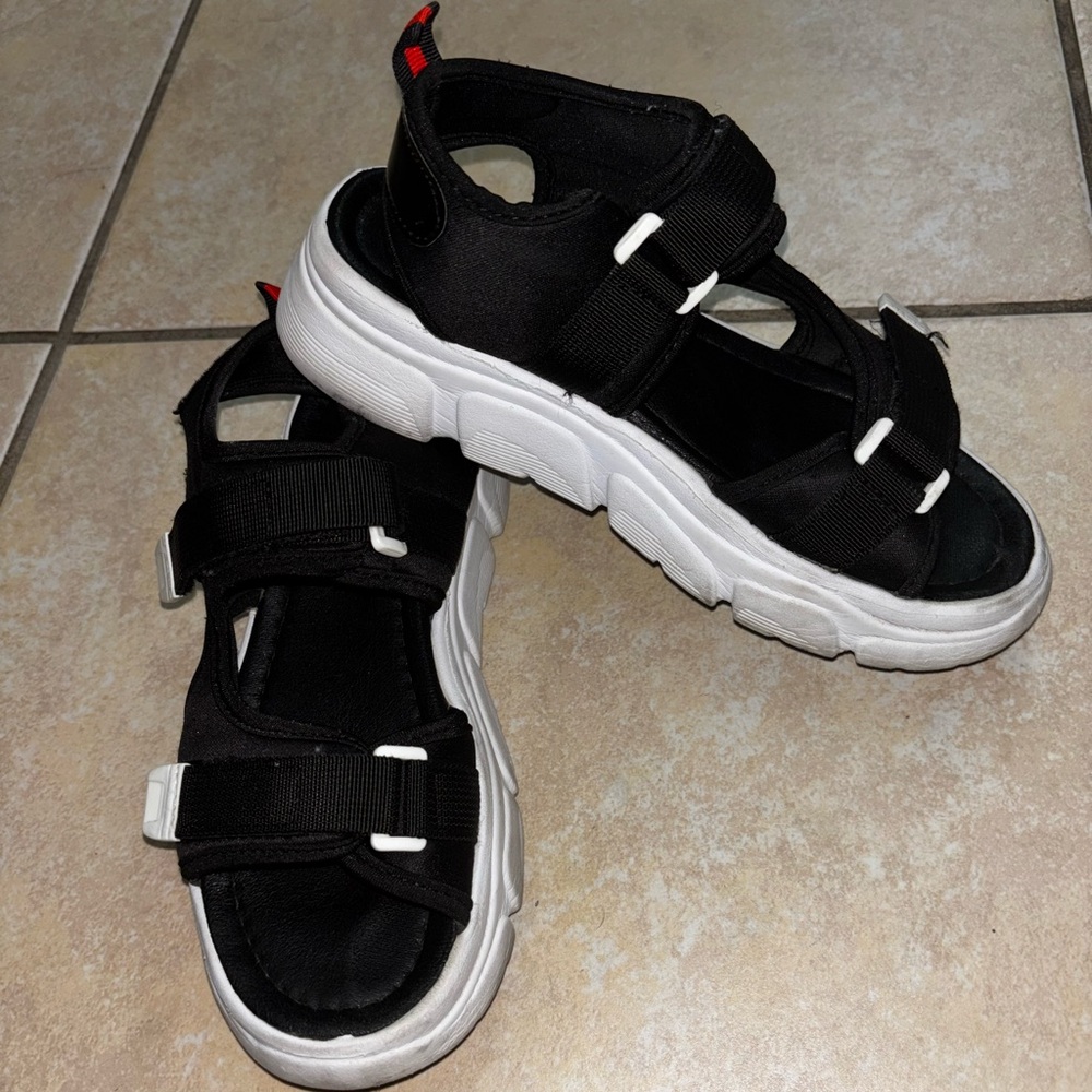 Black and White Chunky Sole Sandals with Velcro Straps